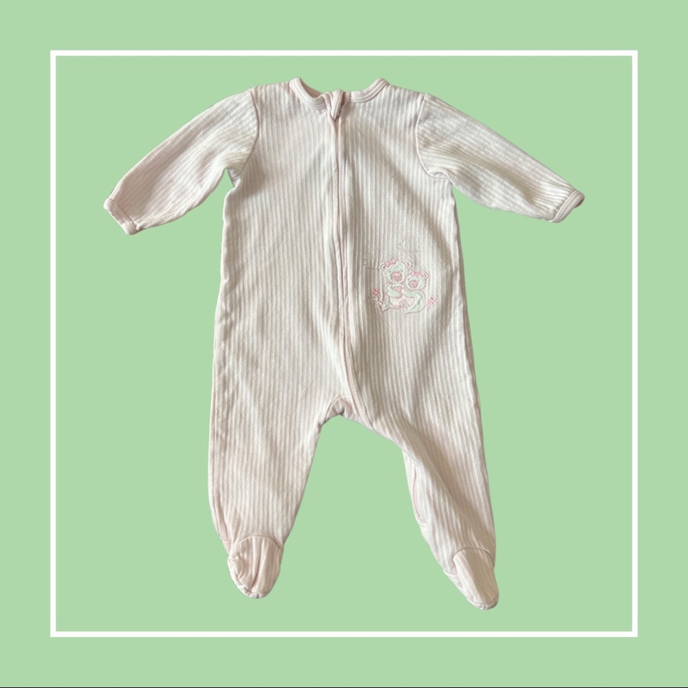 Powder Light Pink Ribbed Embroidered Teddy Bear Footed Zipper Pajama—6m